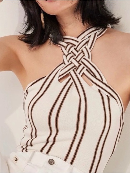 White House Black Market Tops - White House Black Market White Strapless Knit Dress with Brown Stripes